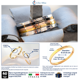 L'Iconica bangle bracelet in steel, "Buona Fortuna" engraving on the outside