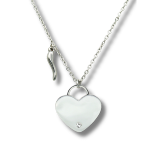 Steel Chain Necklace – Horn & Zircon Heart Medallion | Amore