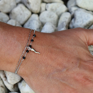 Silver Bracelet - Double Strand Chain, Crystal Beads & Horn | Fortuna