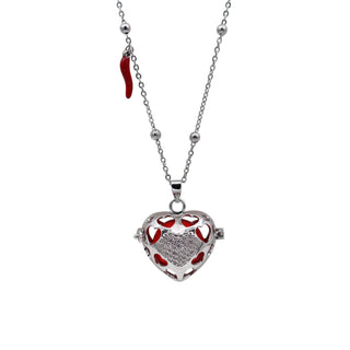 Amore Necklace with Beaded Chain, Heart Bola with Inlaid Zircons and Steel Horn