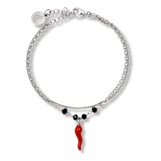 Silver Bracelet - Double Strand Chain, Crystal Beads & Horn | Fortuna