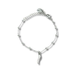 Silver Steel Bracelet – Beaded Chain & Horn Pendant | Eleganza