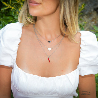 Silver Steel Necklace – Triple Strand Horn & Heart Chain | Amore