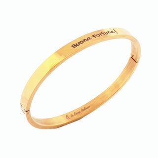 L'Iconica bangle bracelet in steel, "Buona Fortuna" engraving on the outside