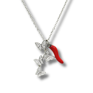 Silver Steel Chain Necklace – Horn & Zircon Butterflies | Estate
