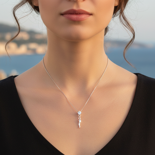 Sterling Silver Necklace - Horn Chain & Solitaire Zircons | Vabbe