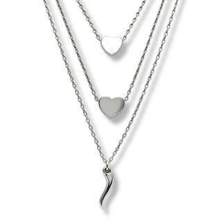 Silver Steel Necklace – Triple Strand Horn & Heart Chain | Amore