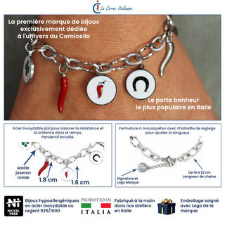 Bracelet Chaîne Maillon en Acier – Corne Rouge & Portafortuna Rond | Fortuna