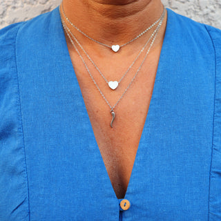Silver Steel Necklace – Triple Strand Horn & Heart Chain | Amore