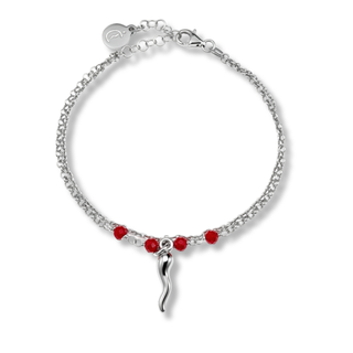 Silver Bracelet - Double Strand Chain, Crystal Beads & Horn | Fortuna
