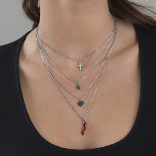 Silver Steel Necklace – Multi-strand Chain Horn, Heart, Star & Cross | Fortuna