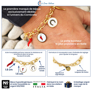 Bracelet Chaîne Maillon en Acier – Corne Rouge & Portafortuna Rond | Fortuna