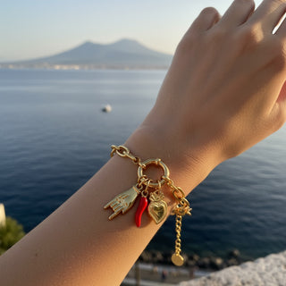 Stainless Steel Bracelet – Horn Link Chain, Mano Cornuto & Sacred Heart | Vabbe