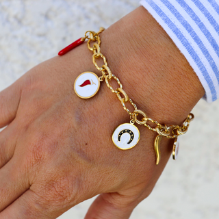 Bracelet Chaîne Maillon en Acier – Corne Rouge & Portafortuna Rond | Fortuna