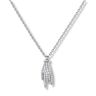 Silver Steel Necklace – Chain, Mano Cornuto & Embedded Zircon | Eleganza
