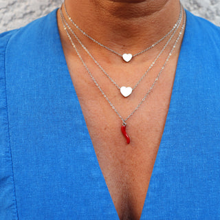 Silver Steel Necklace – Triple Strand Horn & Heart Chain | Amore