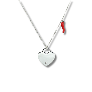Steel Chain Necklace – Horn & Zircon Heart Medallion | Amore
