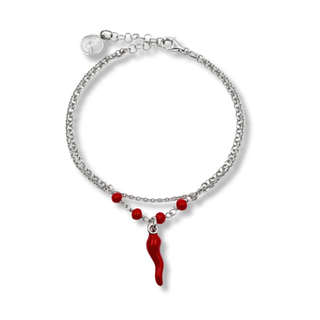 Silver Bracelet - Double Strand Chain, Crystal Beads & Horn | Fortuna