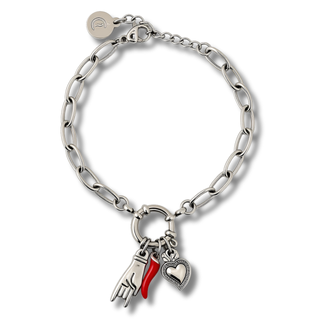 Stainless Steel Bracelet – Horn Link Chain, Mano Cornuto & Sacred Heart | Vabbe