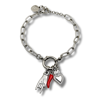 Stainless Steel Bracelet – Horn Link Chain, Mano Cornuto & Sacred Heart | Vabbe