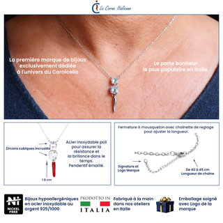 Silver Steel Chain Necklace – Horn & two Zircon Solitaires | L’Iconica