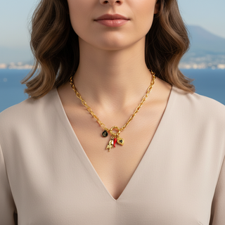 Steel Necklace – Horn Link Chain, Mano Cornuto & Sacred Heart | Vabbe