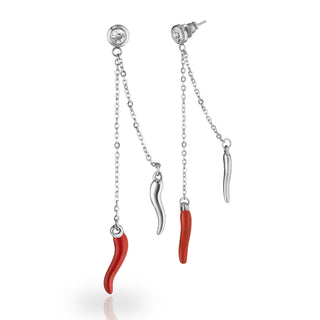 Boucles d’Oreilles en Acier – Puces Pendantes Double Chaîne & Cornes | Eleganza
