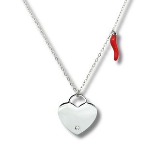 Steel Chain Necklace – Horn & Zircon Heart Medallion | Amore