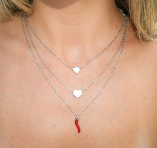 Silver Steel Necklace – Triple Strand Horn & Heart Chain | Amore