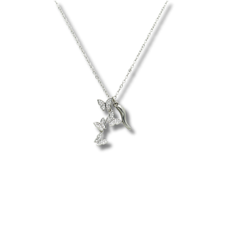 Silver Steel Chain Necklace – Horn & Zircon Butterflies | Estate