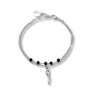 Silver Bracelet - Double Strand Chain, Crystal Beads & Horn | Fortuna