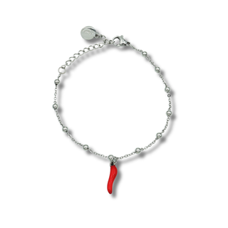 Silver Steel Bracelet – Beaded Chain & Horn Pendant | Eleganza