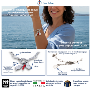 Stainless Steel Bracelet – Horn Link Chain, Mano Cornuto & Sacred Heart | Vabbe