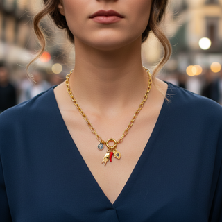 Steel Necklace – Horn Link Chain, Mano Cornuto & Sacred Heart | Vabbe