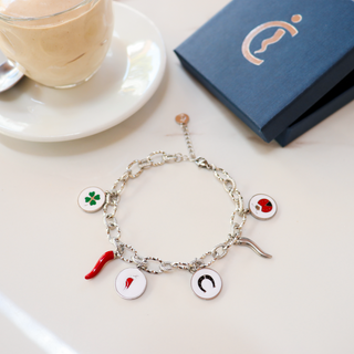 Bracelet Chaîne Maillon en Acier – Corne Rouge & Portafortuna Rond | Fortuna