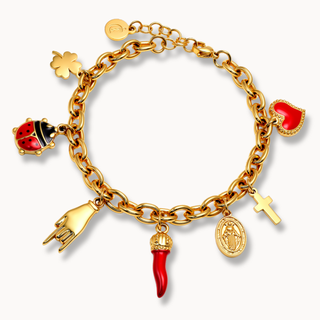 Steel Bracelet Corno Corona, Clover, Mano Cornuto, Cross, Ladybug I Fortuna