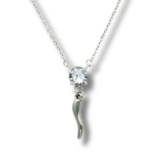 Silver Steel Chain Necklace – Horn & Solitaire Zircon | L'Iconica