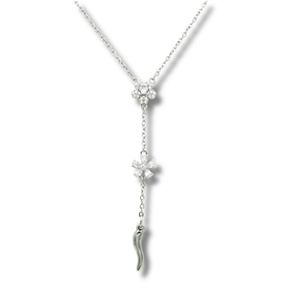 Steel Necklace - Horn & Zircon Flower Tie Chain | Estate