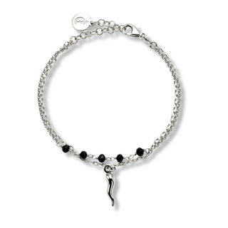 Silver Bracelet - Double Strand Chain, Crystal Beads & Horn | Fortuna
