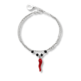 Silver Bracelet - Double Strand Chain, Crystal Beads & Horn | Fortuna