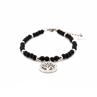 Fortuna Bracelet, Black Beads and Steel, Tree of Life with Rhinestones and Steel