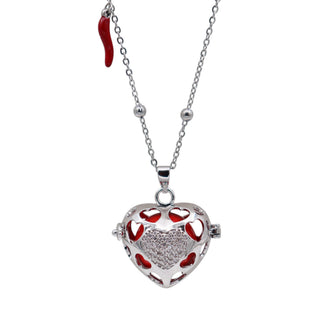 Amore Necklace with Beaded Chain, Heart Bola with Inlaid Zircons and Steel Horn