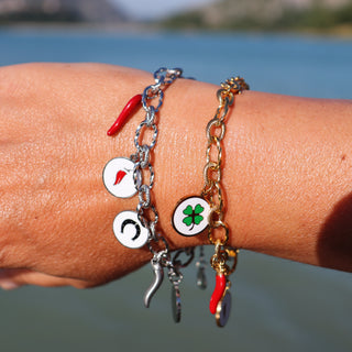 Bracelet Chaîne Maillon en Acier – Corne Rouge & Portafortuna Rond | Fortuna
