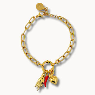 Stainless Steel Bracelet – Horn Link Chain, Mano Cornuto & Sacred Heart | Vabbe