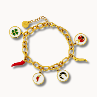 Bracelet Chaîne Maillon en Acier – Corne Rouge & Portafortuna Rond | Fortuna