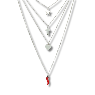 Silver Steel Necklace – Multi-strand Chain Horn, Heart, Star & Cross | Fortuna