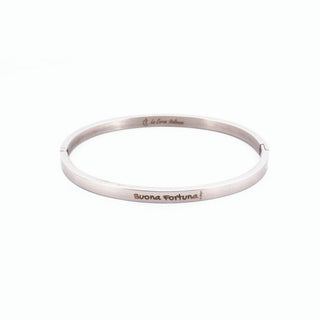 L'Iconica bangle bracelet in steel, "Buona Fortuna" engraving on the outside