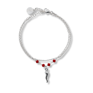 Silver Bracelet - Double Strand Chain, Crystal Beads & Horn | Fortuna