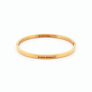 L'Iconica bangle bracelet in steel, "Buona Fortuna" engraving on the outside